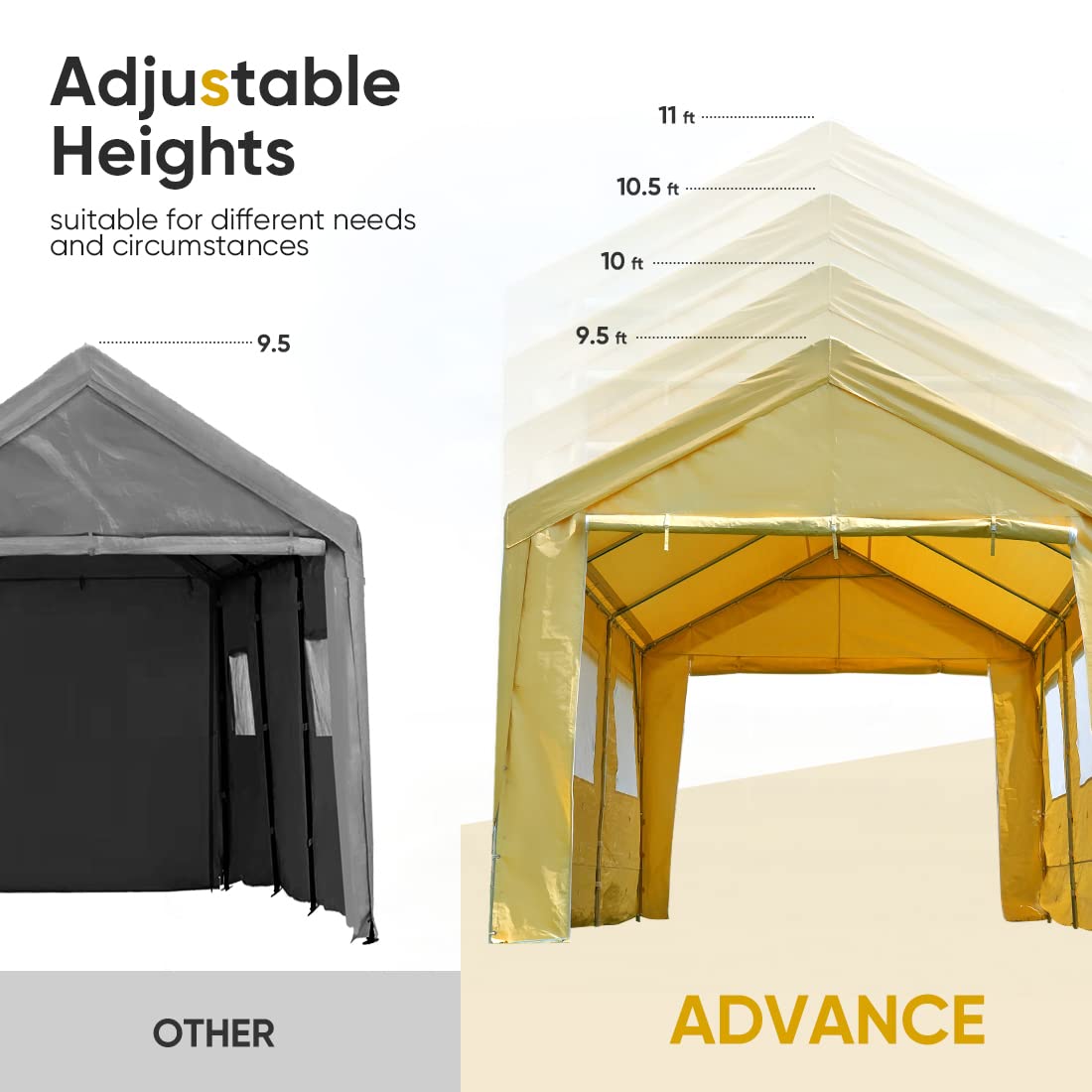 ADVANCE OUTDOOR 12x20 ft Canopy Garage Heavy Duty Carport Car Boat Shelter Party Tent, Adjustable Peak Height from 9.5ft to 11ft, with Removable Window Sidewalls and Doors, Beige ADVANCE OUTDOOR