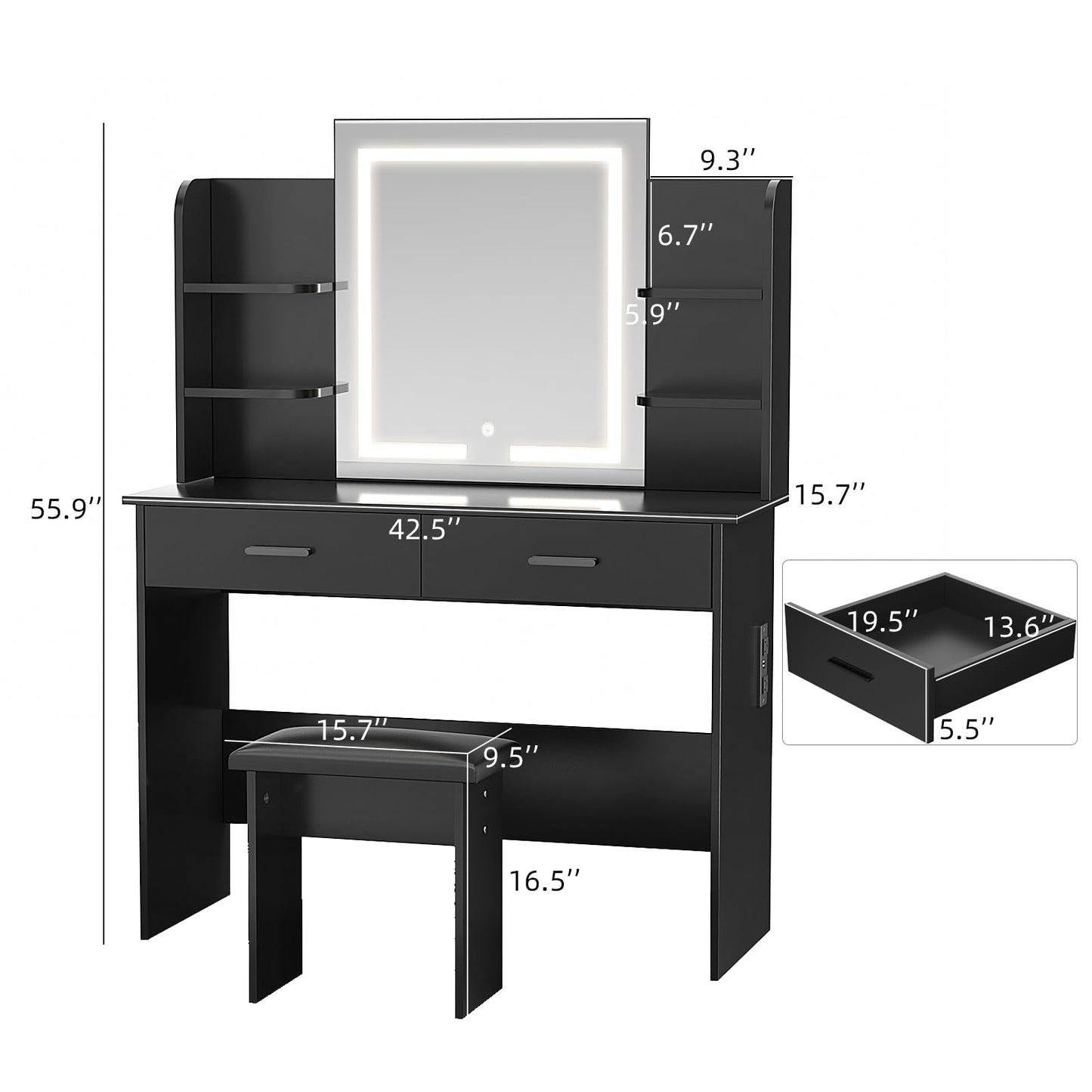 SMOOL Vanity with Lighted Mirror, Makeup Vanity Desk with Power Outlet, 3 Color Light Options Adjustable Brightness, Vanity Table with 6 Storage Shelves, 2 Large Drawers and Cushioned Stool, Black