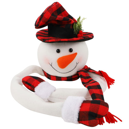 Juegoal Christmas Snowman Tree Topper, Large Plush Snowman Treetop Hugger with Red Black Plaid Top Hat & Scarf, Xmas Tree Ornament Supplies Holiday Winter Home Wonderland Party Decorations