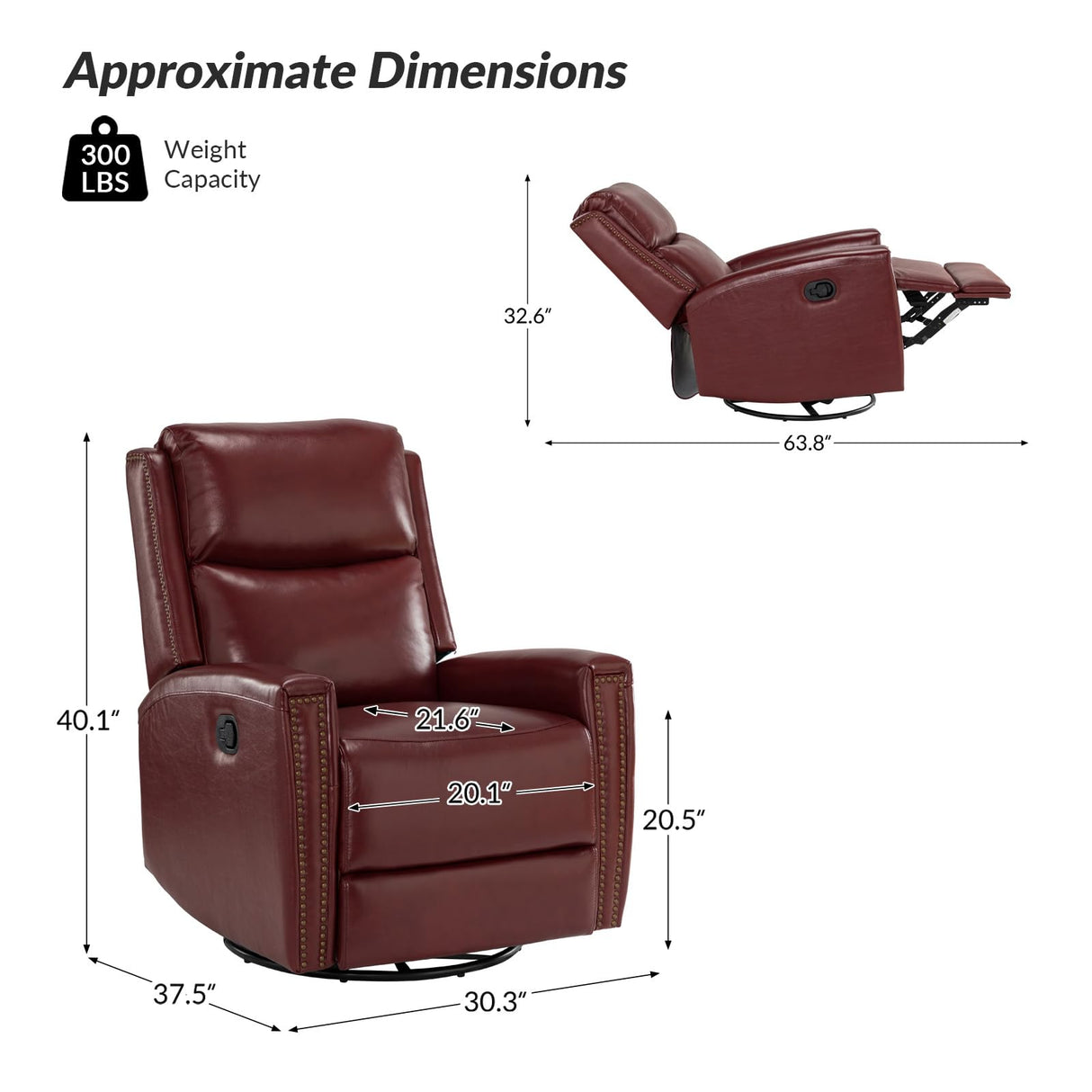 HULALA HOME Genuine Leather Swivel Rocker Recliners Set of 2, Manual Glider Recliner Chairs with Adjustable Backrest & Footrest, Burgundy HULALA HOME