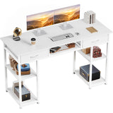 Sweetcrispy Computer Desk - 48 Inch Home Office Bedroom Writing Study PC Table with Fabric Drawers Storage Shelves Space Side Bag Headphone Hook Metal Frame Adjustable Feet, White Sweetcrispy