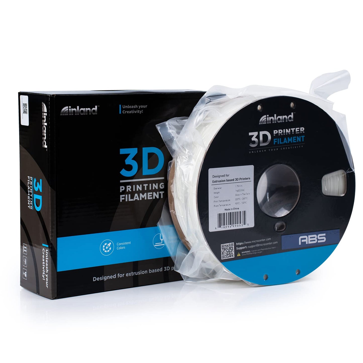 INLAND ABS Filament 1.75mm, ABS 3D Printing Filament, Dimensional Accuracy +/- 0.03 mm - 1kg Cardboard Spool (2.2 lbs) - Heat Resistant Glow in The Dark ABS Filament - WoodArtSupply