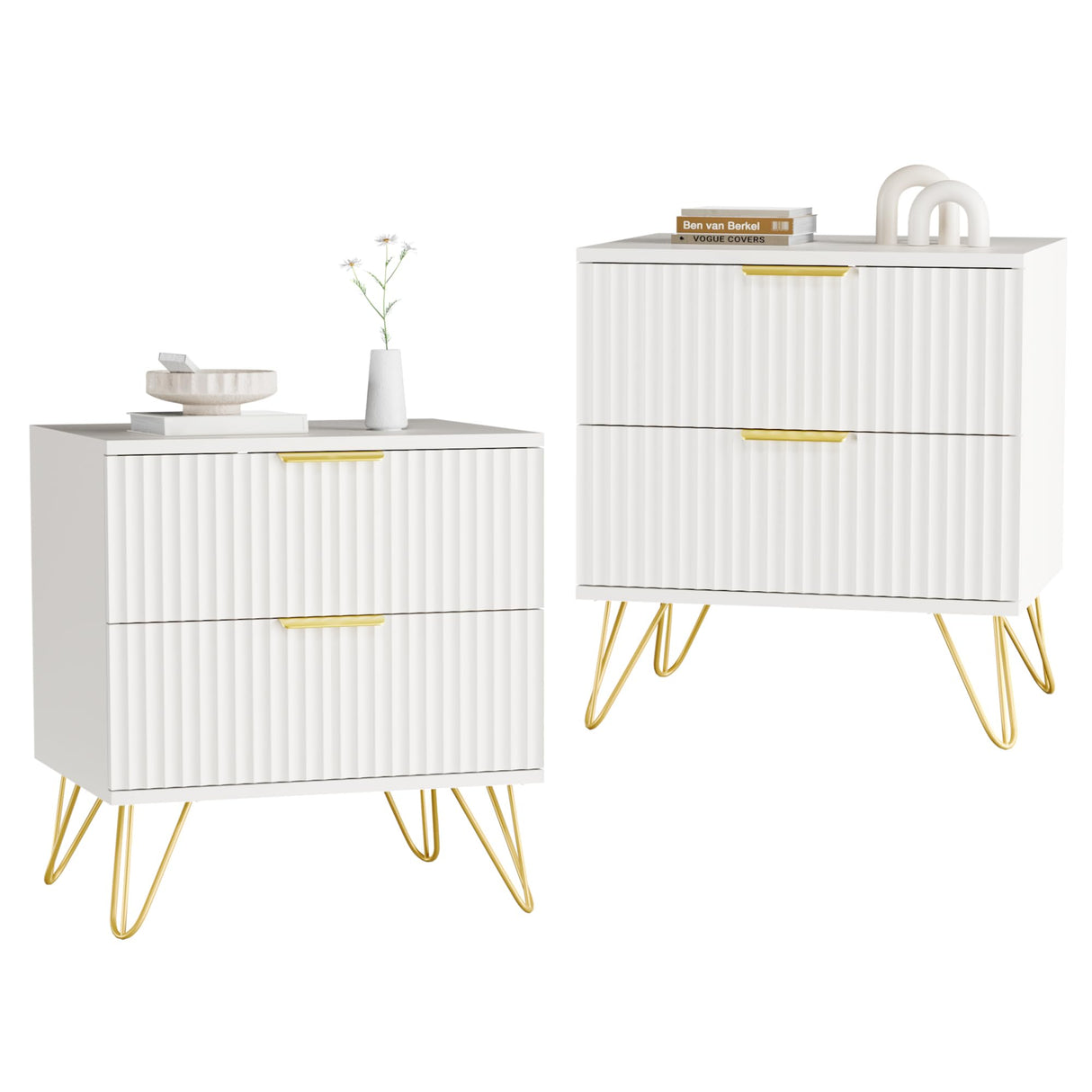 NOVAMAISON White Nightstand Set of 2, Modern Night Stand Bedside Table with 2 Storage Drawer, Bed Side End Table with Golden Handles and Legs for Bedroom, White NOVAMAISON