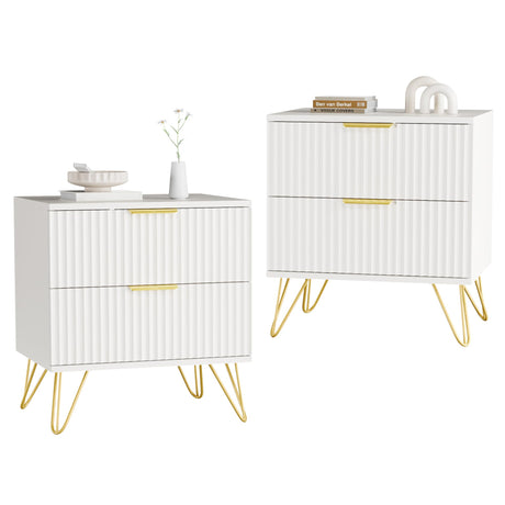 NOVAMAISON White Nightstand Set of 2, Modern Night Stand Bedside Table with 2 Storage Drawer, Bed Side End Table with Golden Handles and Legs for Bedroom, White NOVAMAISON