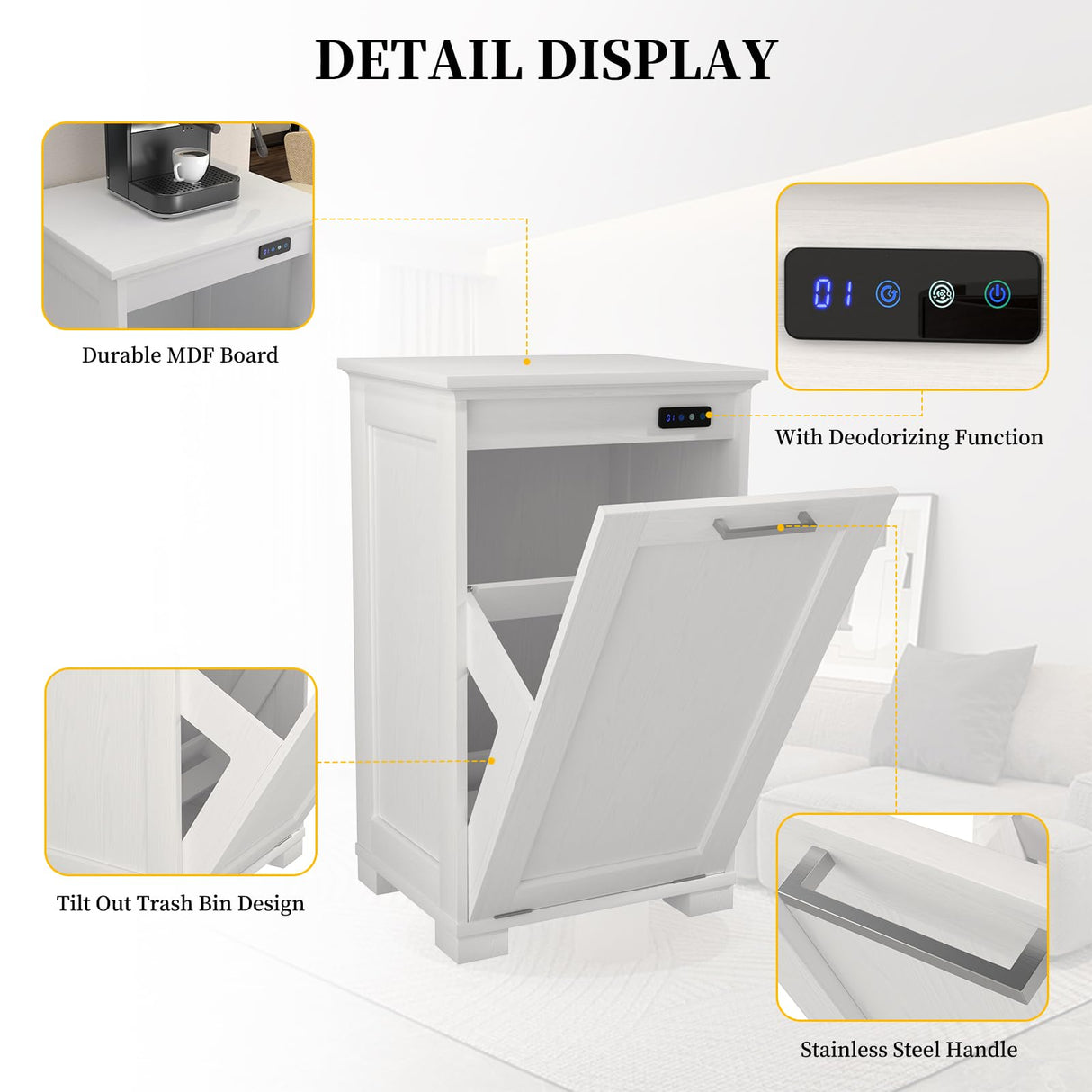 Ymise Tilt Out Trash Cabinet, 10-Gallon Trash Can Cabinet with Deodorising Function, Wooden Freestanding Garbage Can Cabinet for Home and Kitchen Hidden Laundry Hamper Cabinet, White Ymise