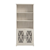 Lennox Tall 5 Shelf Bookcase with Glass Doors in Linen White Oak - Stylish Farmhouse Storage Solution Bush Business Furniture