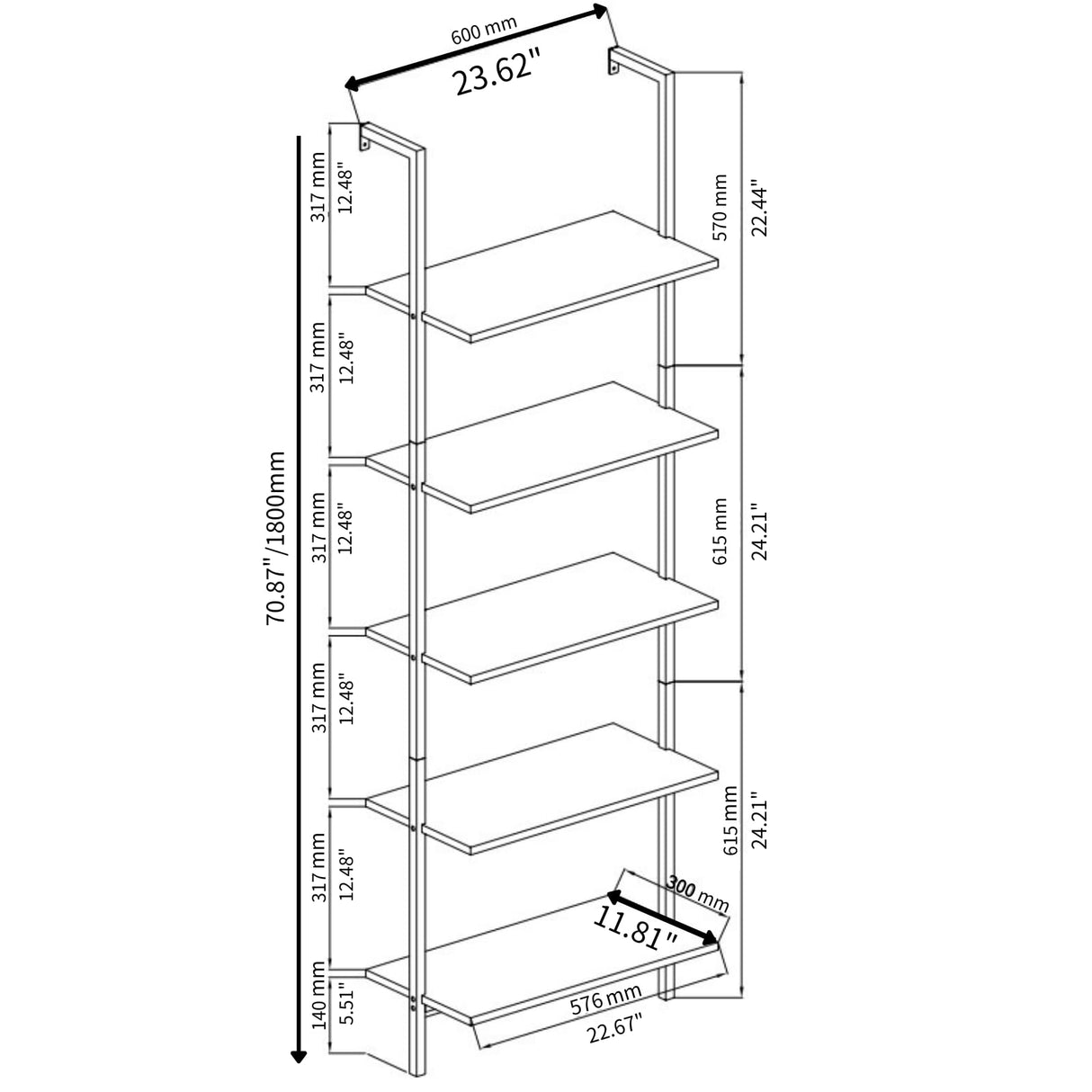 Karl home Ladder Shelf 5 Tier Wall Mounted Bookcase with Metal Frame, Open Design Shelves for Living Room, Bedroom, Home, Office, White (23.62" L x 11.81" W x 70.87" H) Karl home