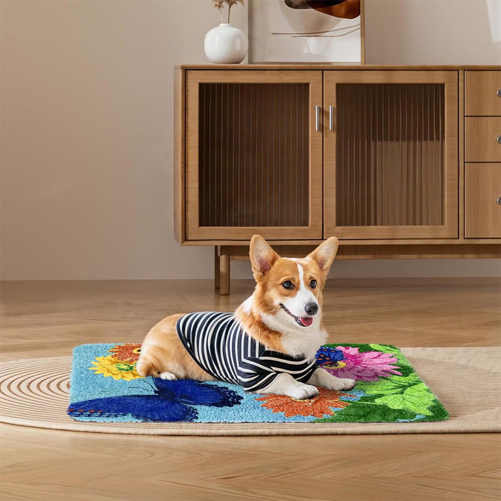 Yjunue Butterfly Floral Latch Hook Kits for Adults, DIY Crochet Yarn Rugs Hooking Craft Kit with Color Preprinted Pattern Design for Kids Adults and Beginners(Butterfly, 20 x 15in) Yjunue