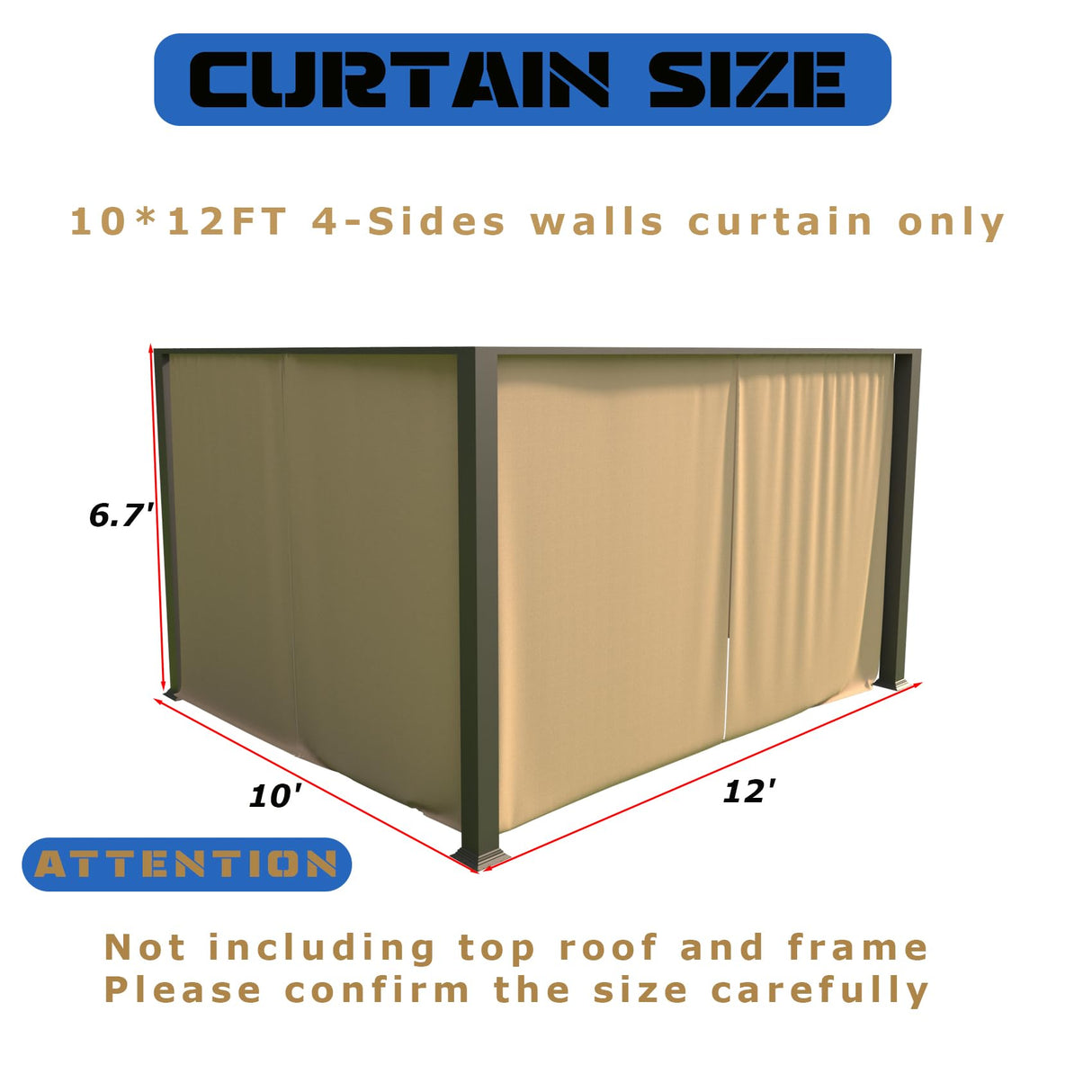 10’x12’ 4-Side Wall Gazebo Privacy Curtains with Zipper for Lowe's Allen Roth #GF-12S004B-1 / GF-12S004BTO / TPGAZ17-002, 4-Panels Sidewall Curtains Replacement for 10-ft x 12-ft Gazebo (Khaki) Fengind