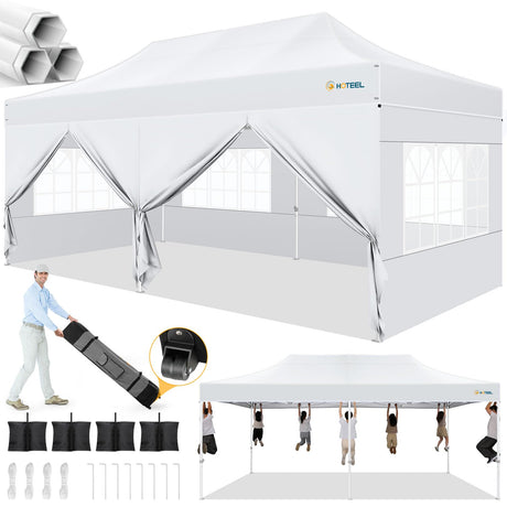 Hoteel Canopy 10x20 Heavy Duty Pop Up Canopy Tent with 6 Sidewalls,UPF50+ and Waterproof 1500mm,3 Height Adjustable,Upgraded Hexagonal Pipe,Commercial Instant Tent,for Picnic,Parties,Wedding,White Hoteel