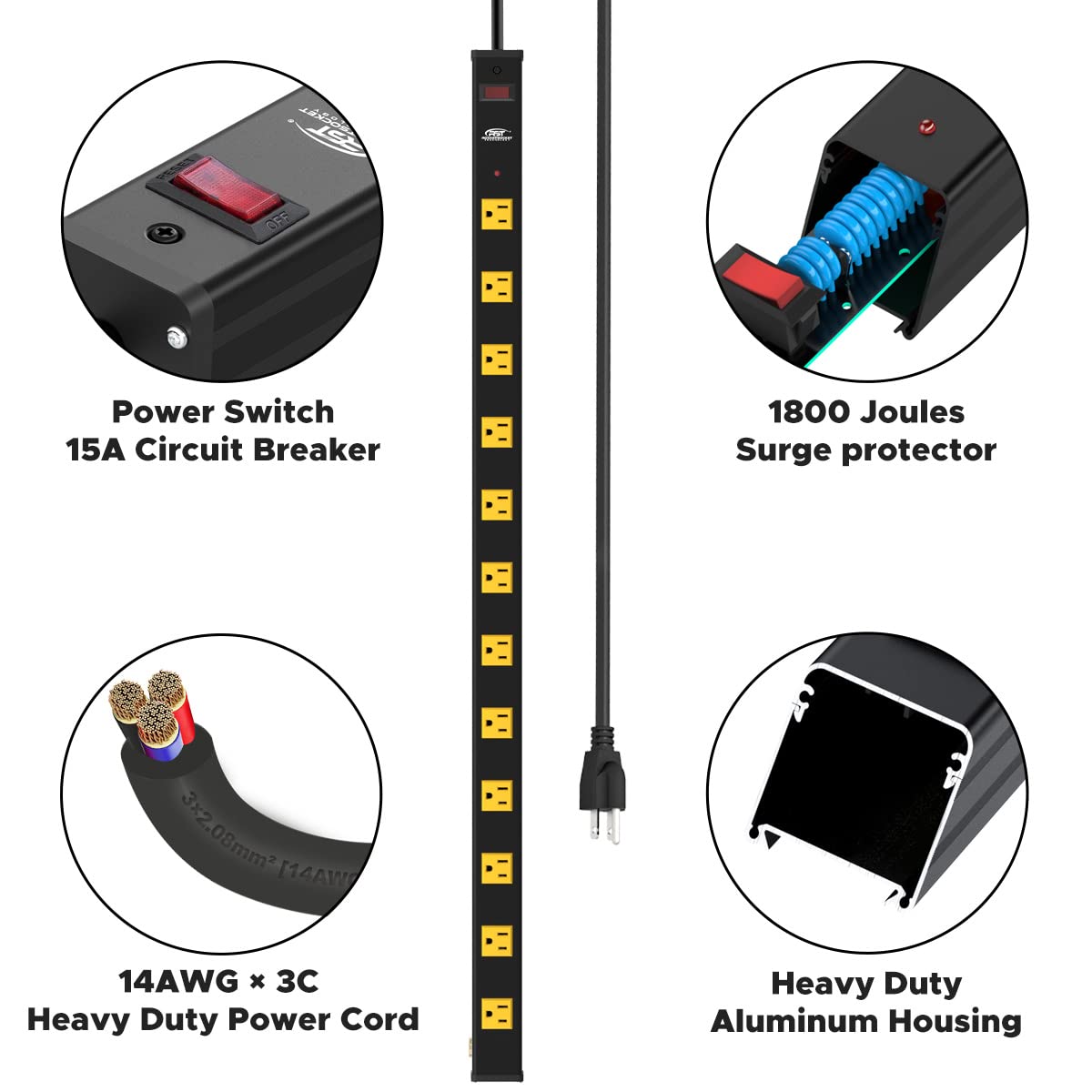 Long Power Strip, 12-Outlet Heavy Duty Surge Protector Wall Mount Power Strip with 1800 Joules Protection 15A Circuit Breaker 6FT for Garage, Shop, Industrial, Underdesk CRST