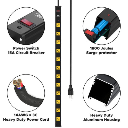 Long Power Strip, 12-Outlet Heavy Duty Surge Protector Wall Mount Power Strip with 1800 Joules Protection 15A Circuit Breaker 6FT for Garage, Shop, Industrial, Underdesk - WoodArtSupply
