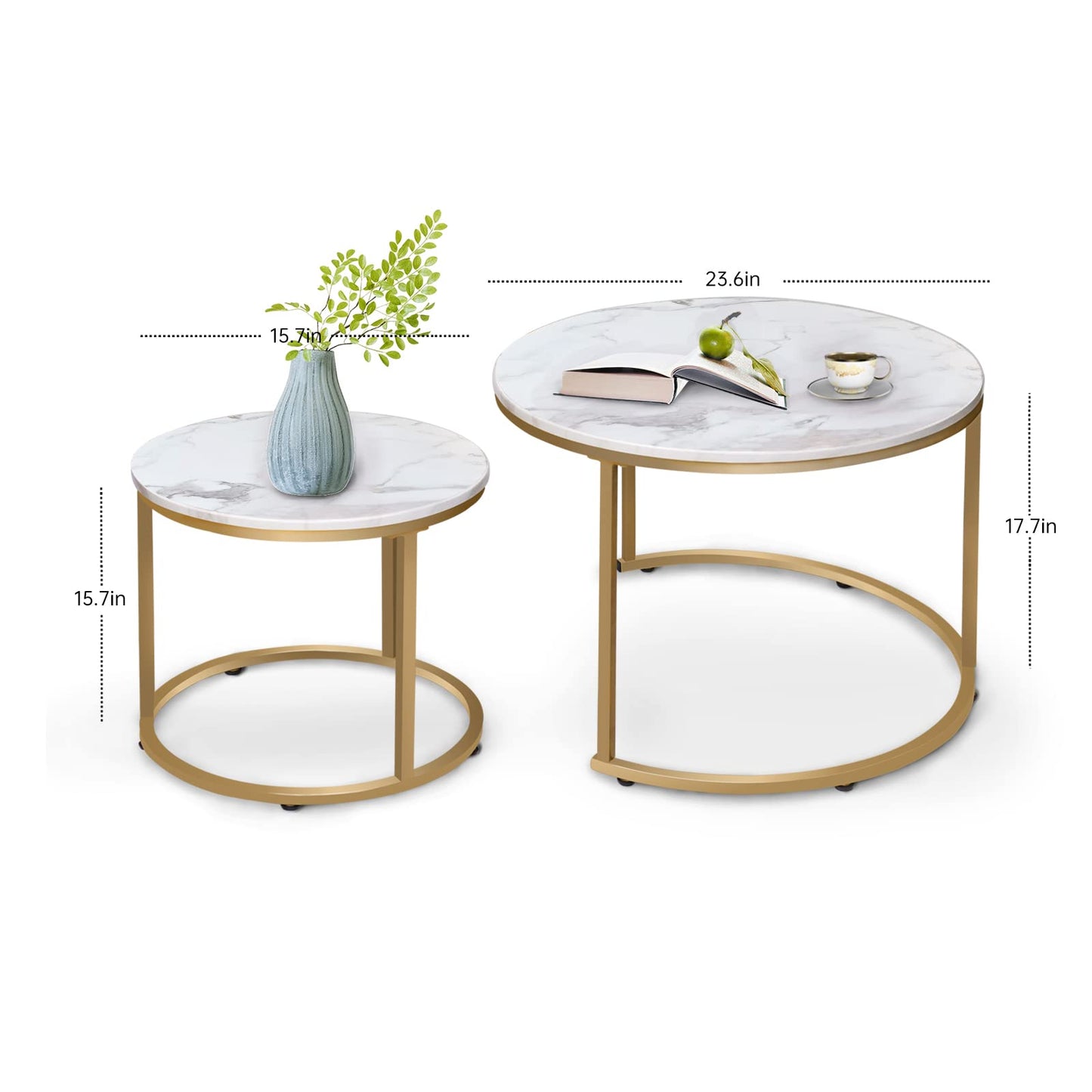 aboxoo Coffee Table Nesting White Set of 2 Side Set Golden Frame Circular Round and Marble Pattern Wooden Tables, Living Room Bedroom Apartment Modern Industrial Simple Nightstand