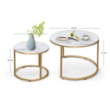 aboxoo Coffee Table Nesting White Set of 2 Side Set Golden Frame Circular Round and Marble Pattern Wooden Tables, Living Room Bedroom Apartment Modern Industrial Simple Nightstand aboxoo