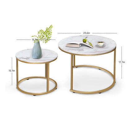 aboxoo Coffee Table Nesting White Set of 2 Side Set Golden Frame Circular Round and Marble Pattern Wooden Tables, Living Room Bedroom Apartment Modern Industrial Simple Nightstand