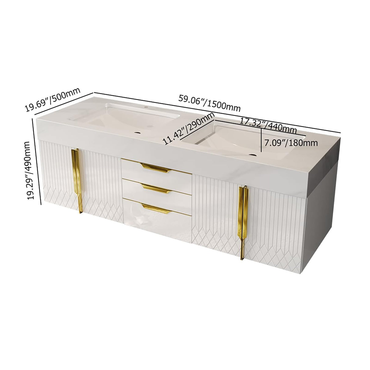 Weibath 59" Wall Mounted Bathroom Vanity Modern Bathroom Vanity with Double Sink & Drawers & Doors Faux Marble Top Weibath