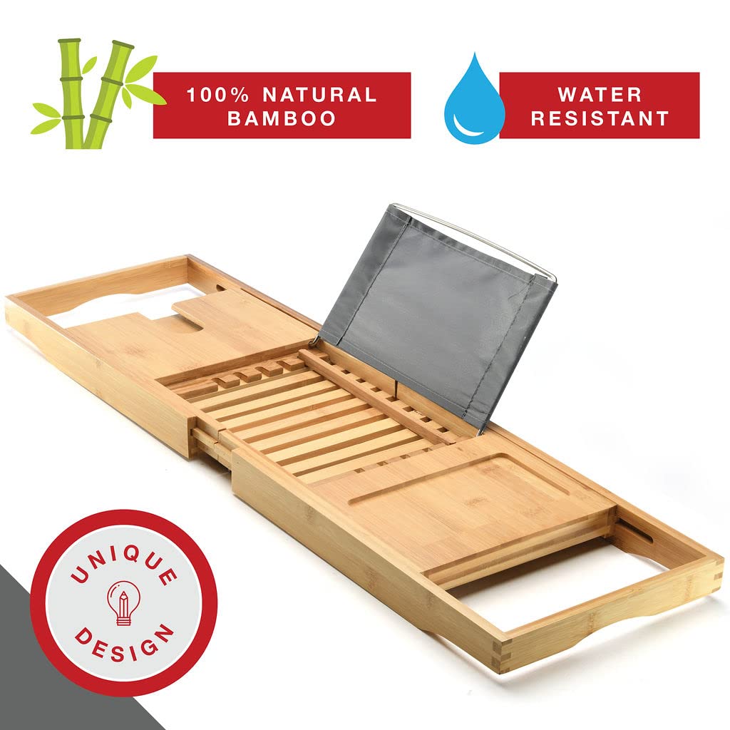 Luxury Foldable Bathtub Tray Caddy - Waterproof Wooden Bath Organizer for Wine, Book, Soap, Phone - Expandable Size Fits Most Tubs