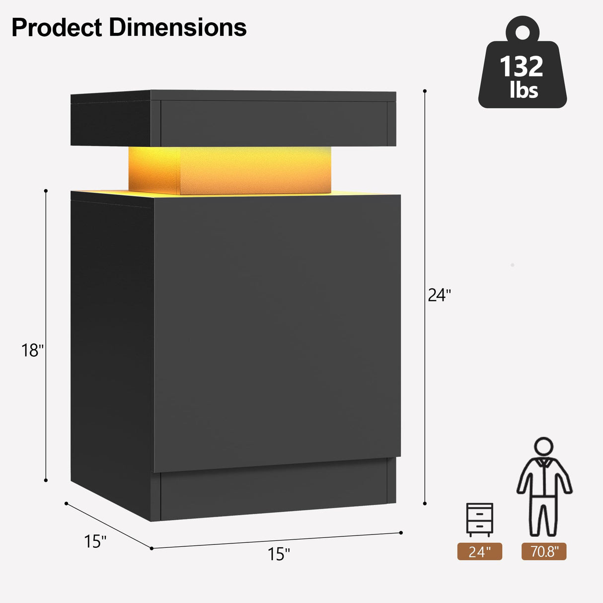 MXV Nightstand Set of 2 with LED Lights,Night Stand with Storage Cabinet for Bedroom,Bedside Table with LED (Black, 15" / Set of 2) MXV