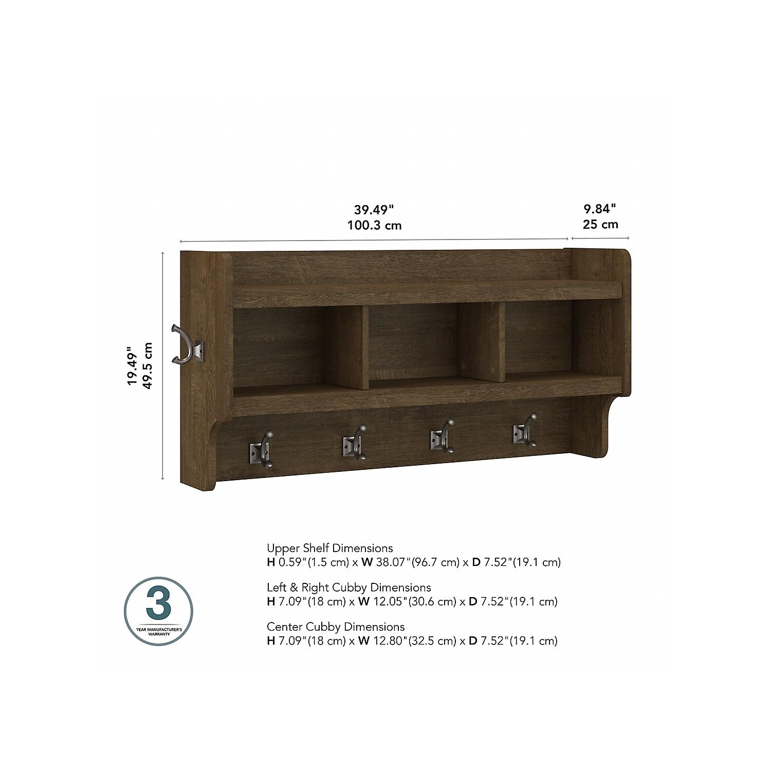 kathy ireland Home by Bush Furniture Woodland Wall Coat Rack, Ash Brown, (WDH340ABR-03) - WoodArtSupply