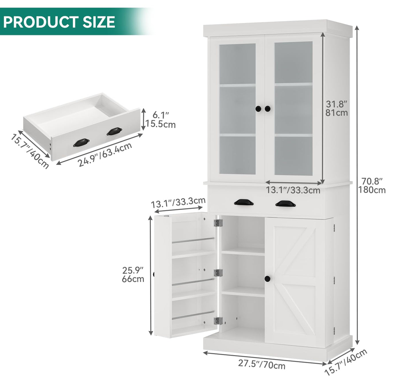 YITAHOME Tall Kitchen Pantry Cabinet, 71" H Pantry Storage Cabinet with Doors and Shelves, Storage Cabinet with Drawer for Kitchen, Dining Room, Living Room (White)