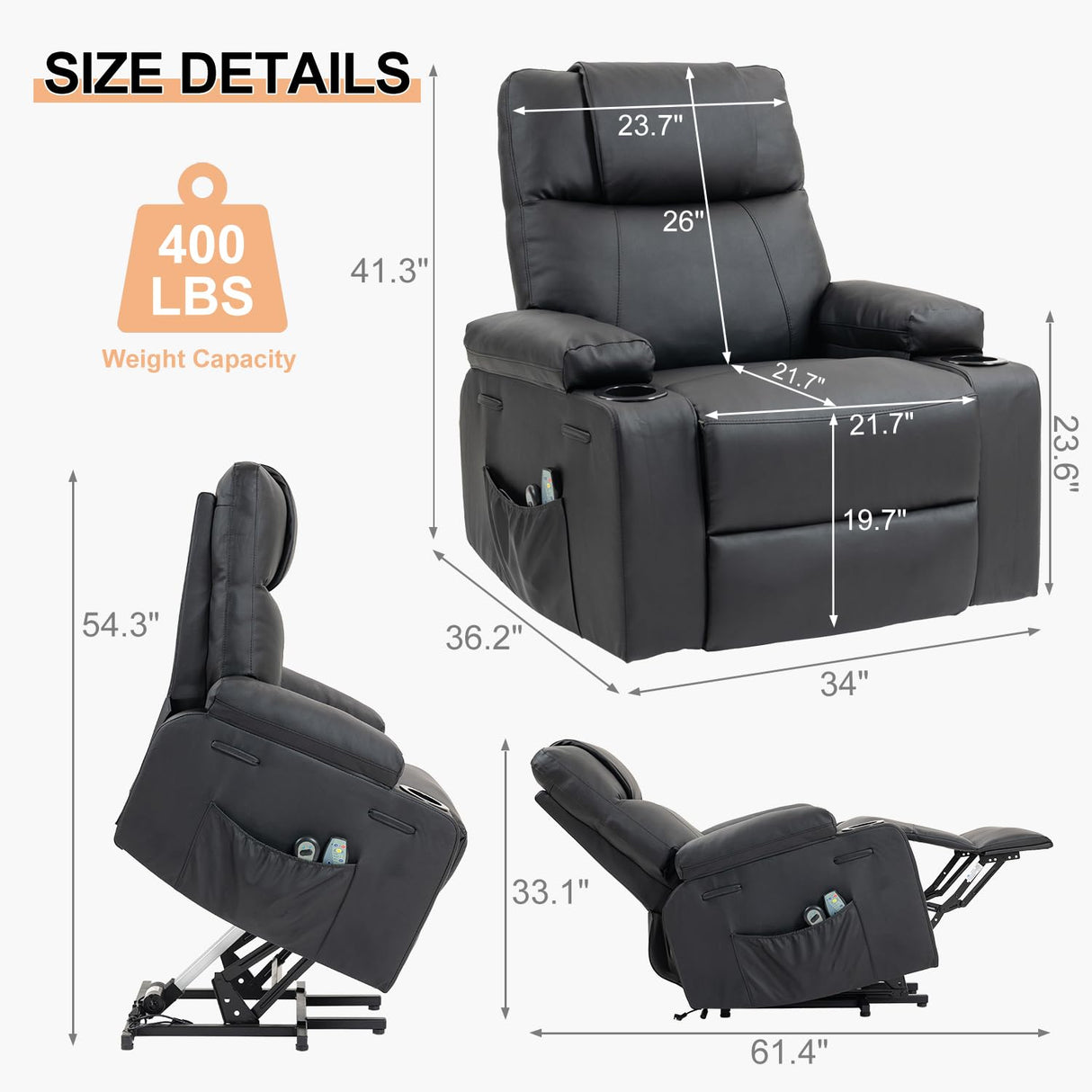 Power Lift Recliner Chair for Elderly, Electric Stand Assist Reclining Chair with Massage and Heat Function, Leather Living Room Furniture, Comfy Single Sofa with Cup Holders, Side Pockets, Black BRTHORY