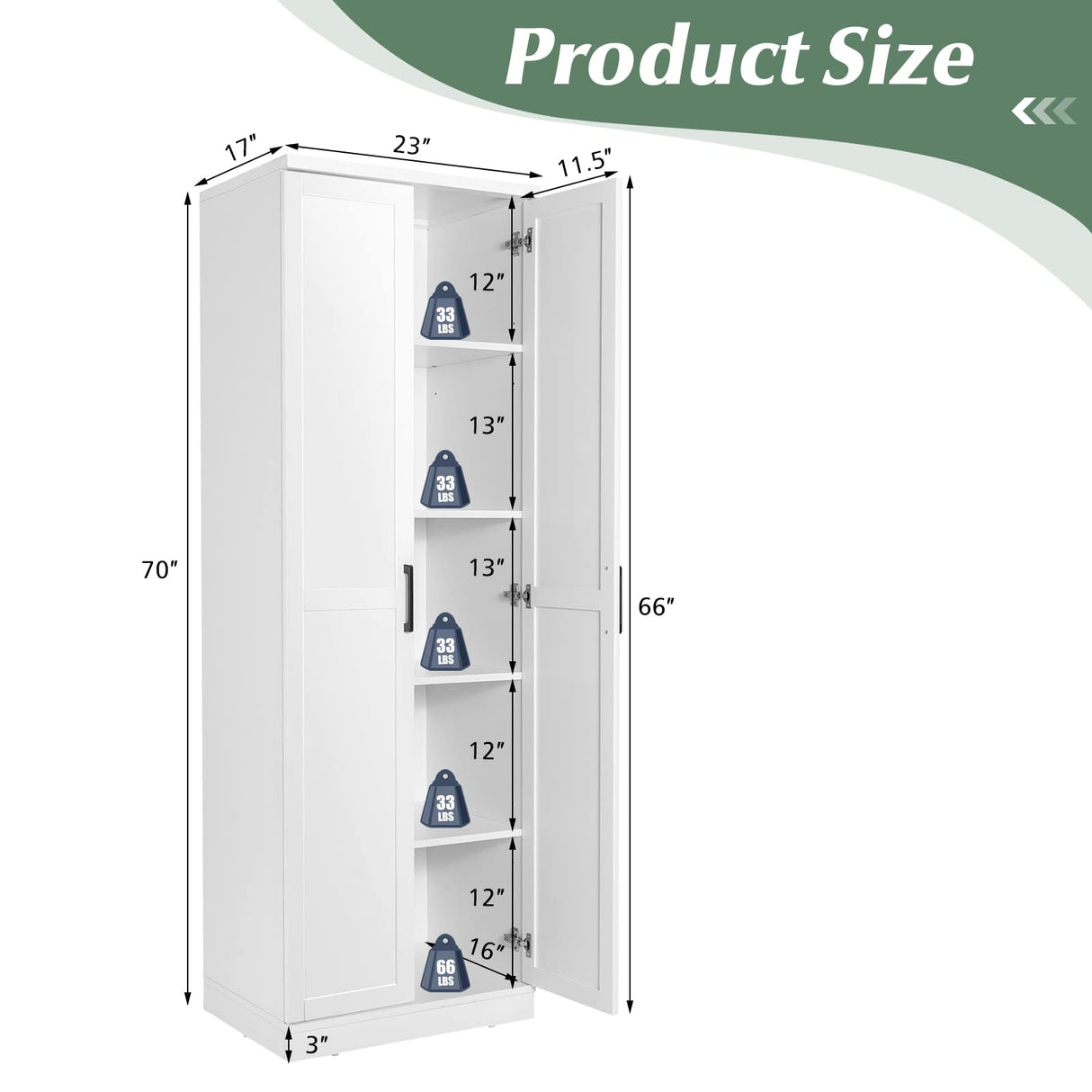 70" Tall White Modern Pantry Cabinet with Adjustable Shelves and Anti-Tip Safety Features LOKO