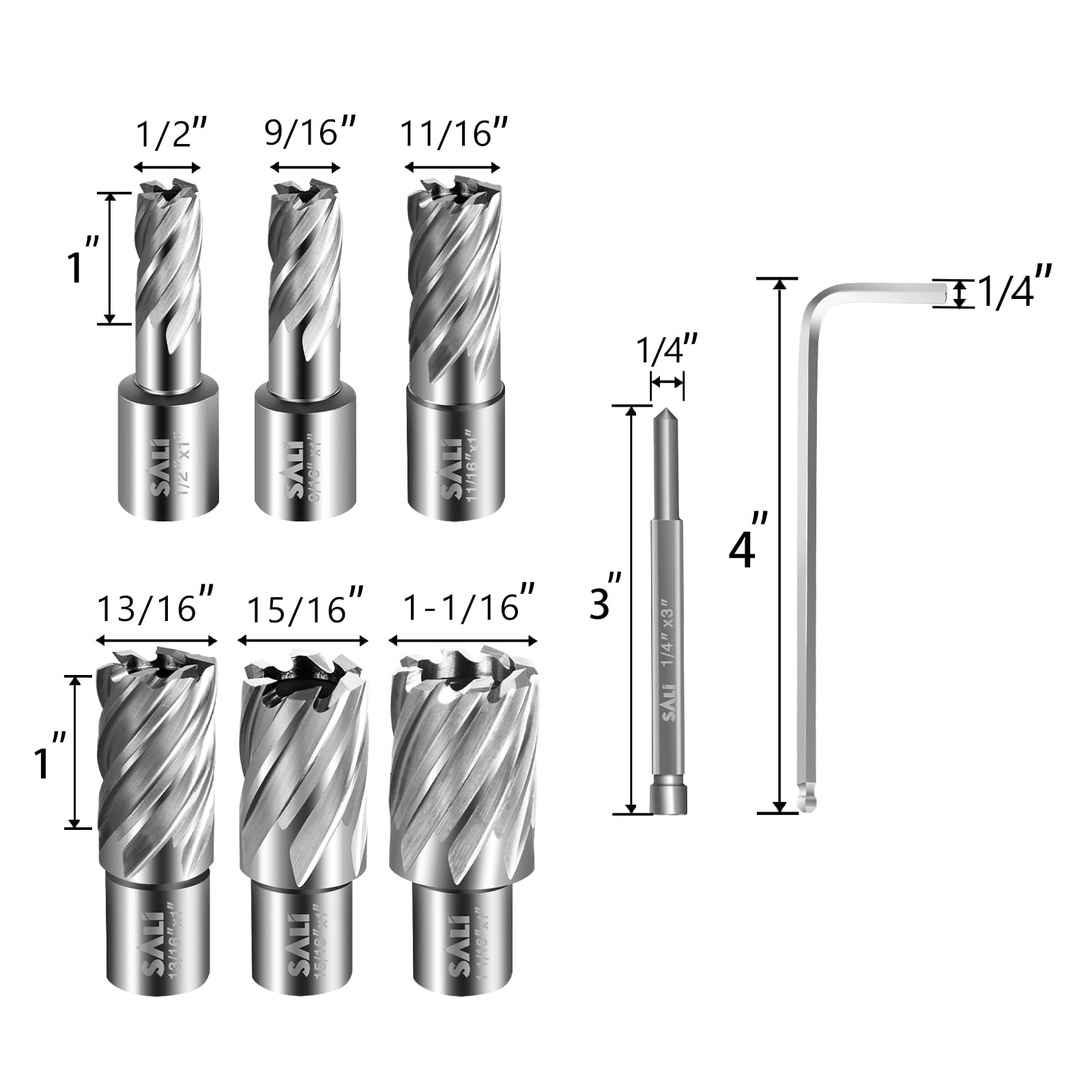 SALI Annular Cutter Set 6 pcs, Weldon Shank 3/4”, Cutting Depth 1”, Outside Diameter 1/2 to 1-1/16 Inch, Mag Drill Bits Kit for Magnetic Drill Press HSS Fully Ground Drill with 1/4”*3” Pilot  - WoodArtSupply