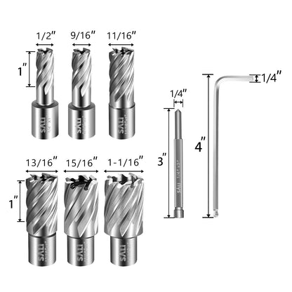 SALI Annular Cutter Set 6 pcs, Weldon Shank 3/4”, Cutting Depth 1”, Outside Diameter 1/2 to 1-1/16 Inch, Mag Drill Bits Kit for Magnetic Drill Press HSS Fully Ground Drill with 1/4”*3” Pilot  - WoodArtSupply