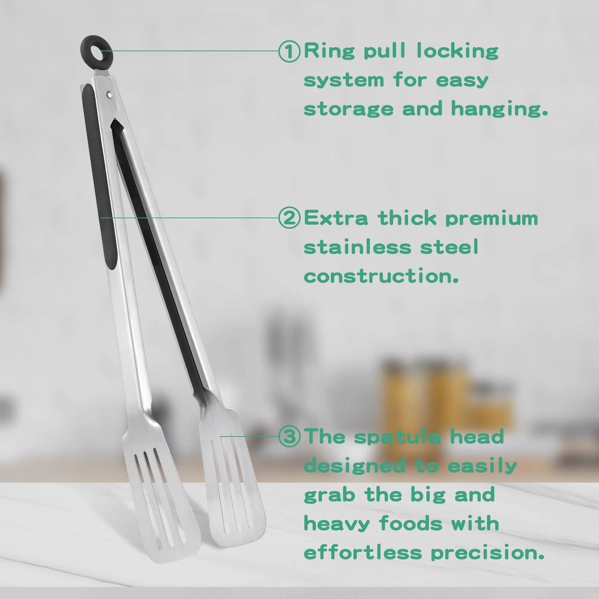 Lebabo Metal Tongs for Cooking, Set of 2 Stainless Steel Spatula Tongs for Grilling, Cooking and Flipping, Strong Grip for Ribs, Steak and Fish, Comfortable Grip, Easy Pull Lock, 9 inch & 12 inch Lebabo