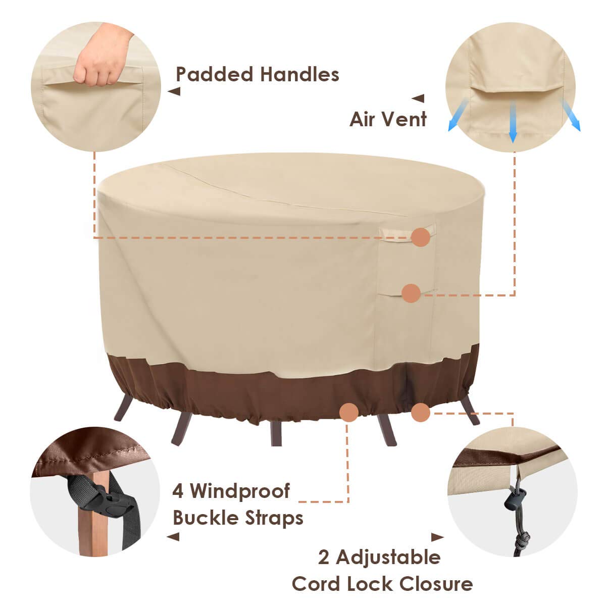 Vailge Round Patio Furniture Covers, 100% Waterproof Outdoor Table Chair Set Covers, Anti-Fading Cover for Outdoor Furniture Set, UV Resistant, 110"DIAx28"H, Beige & Brown Vailge