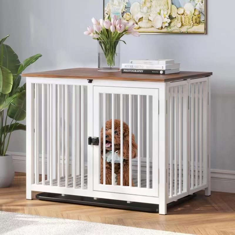 UMXES Heavy Duty Dog Crate Furniture, Fully Assembled exc. Locks, All Metal Frame & Wooden Tabletop, Modern Kennel for Small Dog, End Table, Sturdy, Foldable, White/Rustic Brown - WoodArtSupply