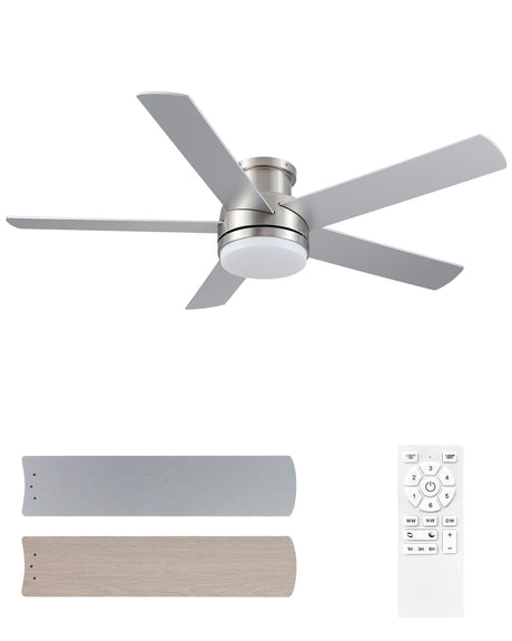 EasyNice 52 Inch Nickel Ceiling Fan With Light Flush Mount Dimmable 3 Color Temperatures LED Remote Control 6 Speed Reversible DC Motor 5 Blades Modern Ceiling Fan Design for Indoor or Covered Outdoor EasyNice