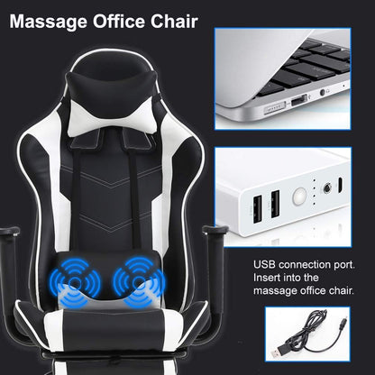 Gaming Chair Computer Chair with Footrest and Massage Lumbar Support, Height Adjustable Game Chair Video Game Chair High Back Reclining Computer Chair with 360°-Swivel Chair for Adults, White