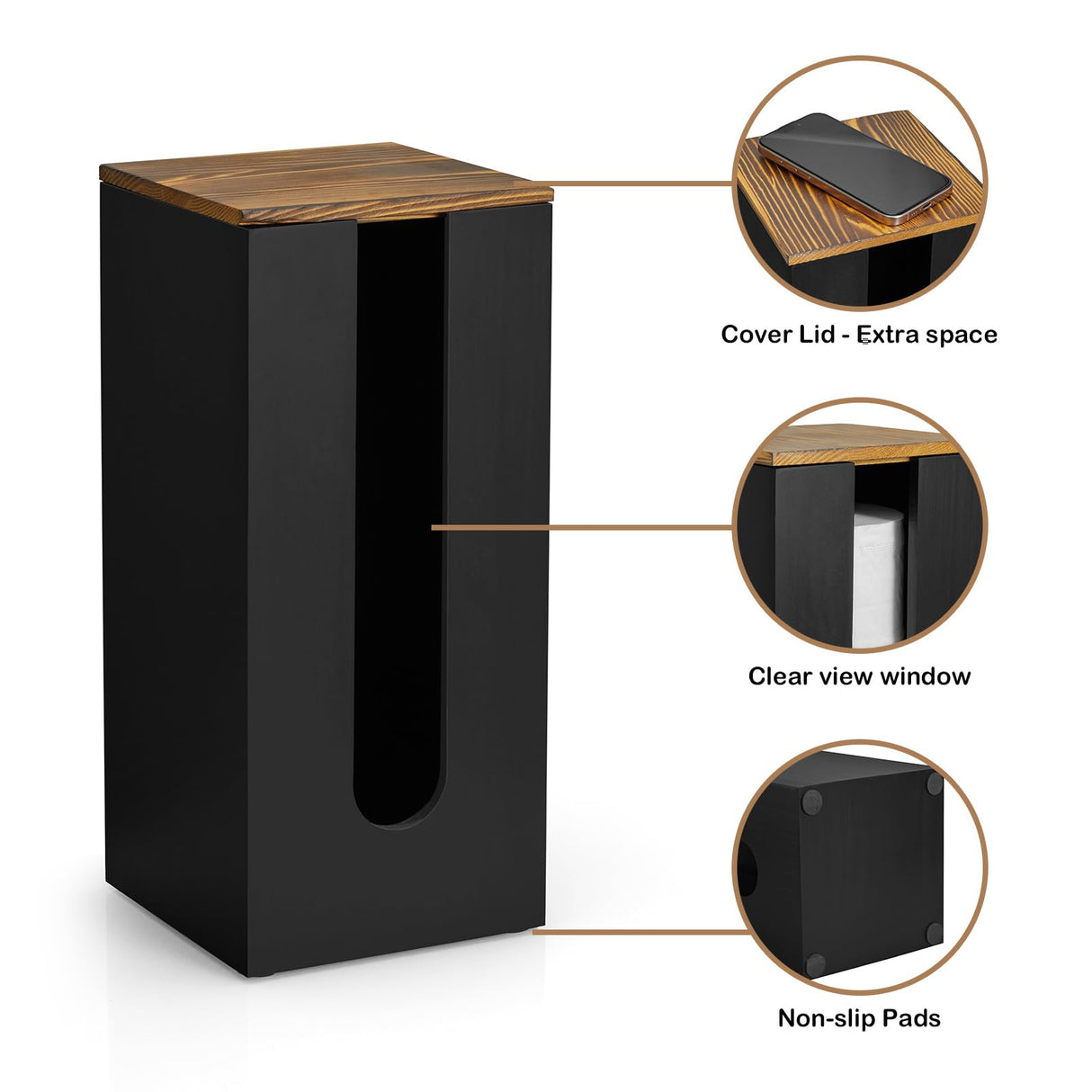 GCWSTJK Black Freestanding Wooden Toilet Paper Holder Stand, Rustic Bathroom Storage Organizer with Burnt Wood Lid, Fits 3 Extra XXL Toilet Paper Rolls GCWSTJK