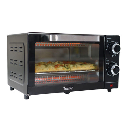 Total Chef Toaster Oven 4 Slice Small Compact Kitchen Appliance Pizza Bake Toast Rost Broil Bread Toaster Auto Shutoff timer Crumble Tray Natural Convection Countertop Black Stainless Steel