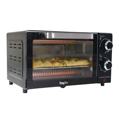 Total Chef Toaster Oven 4 Slice Small Compact Kitchen Appliance Pizza Bake Toast Rost Broil Bread Toaster Auto Shutoff timer Crumble Tray Natural Convection Countertop Black Stainless Steel