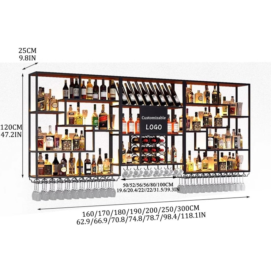 Metal Wine Rack Bar Shelves With LED Light Wall Mounted Kitchen Storage With Wine Glass Holder Liquor Shelf Large Floating Bar Liquor Bottle Whiskey Display Shelf for Kitchen Dining Room Bar Decoratio IRHIGBGX