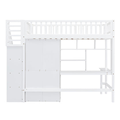 Twin Loft Bed with Desk, Bookshelf, Storage & Stairs by Harper & Bright Designs - Solid Wood in White - WoodArtSupply