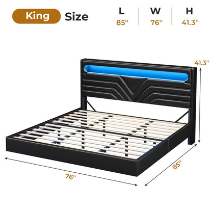 BTHFST Modern Floating King Size Bed Frame with RGB Lighting and USB Charging Station - WoodArtSupply