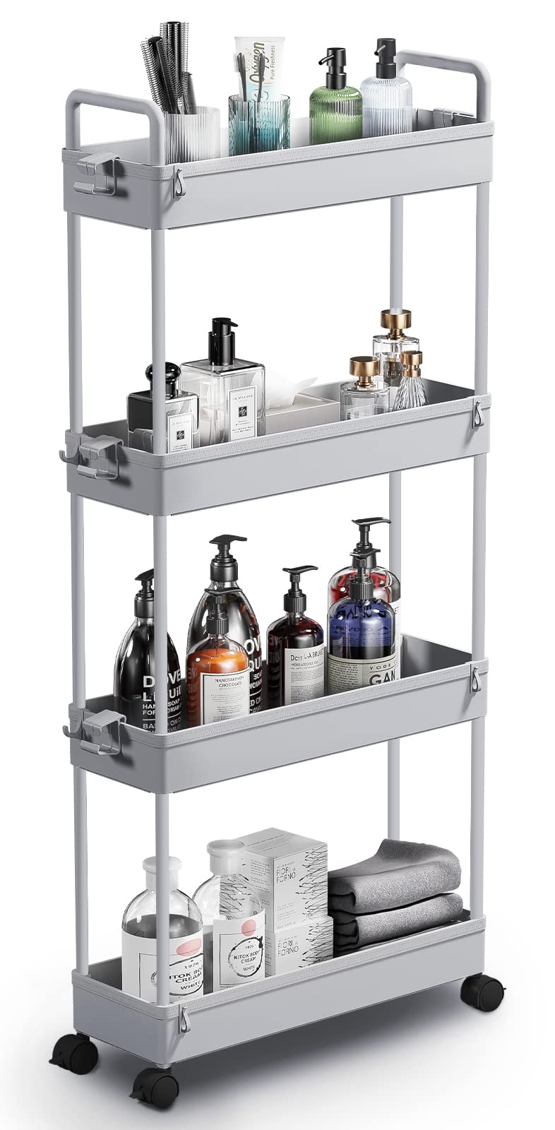 SOLEJAZZ Slim Storage Cart, 4 Tier Bathroom Organizer Mobile Shelving Unit, Rolling Utility Cart Slide Out Organizer for Kitchen, Bathroom, Laundry, Narrow Places, Gray SOLEJAZZ