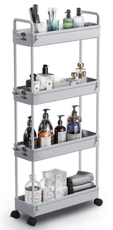 SOLEJAZZ Slim Storage Cart, 4 Tier Bathroom Organizer Mobile Shelving Unit, Rolling Utility Cart Slide Out Organizer for Kitchen, Bathroom, Laundry, Narrow Places, Gray SOLEJAZZ