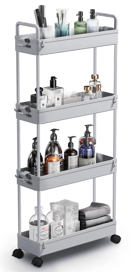 SOLEJAZZ Slim Storage Cart, 4 Tier Bathroom Organizer Mobile Shelving Unit, Rolling Utility Cart Slide Out Organizer for Kitchen, Bathroom, Laundry, Narrow Places, Gray SOLEJAZZ