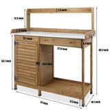 PetsCosset Garden Potting Benche Table Outdoor Wooden Work Station W/Metal Table top,Cabinet,Drawer,Large Bottom Shelf,Open Shelf Natural Wood-Brown-Brown PetsCosset