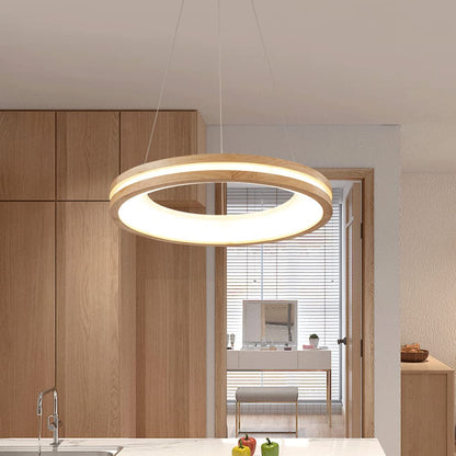 Wooden Ring Chandelier Pendant Light Minimalist Dining Room Lighting Fixture Hanging Chandelier Over Table, Modern Wood Drop Ceiling Lamps for Living Room Kitchen Island Bedroom - WoodArtSupply