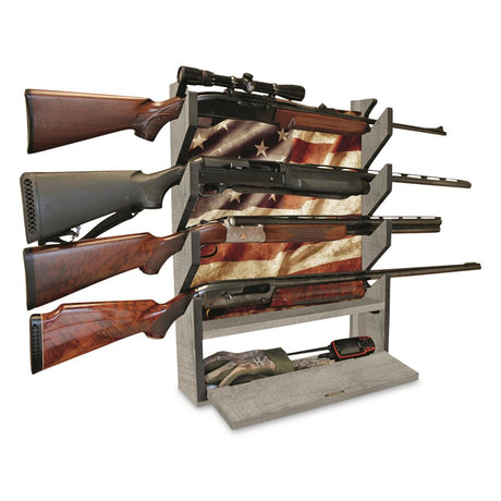 Rush Creek Creations, Patriotic Gun Rack for Wall, Storage for 4 Guns, Rifles or Shotguns, American Flag Gun Rack Display, Wall Mount, Additional Storage for Gun Accessories Rush Creek Creations