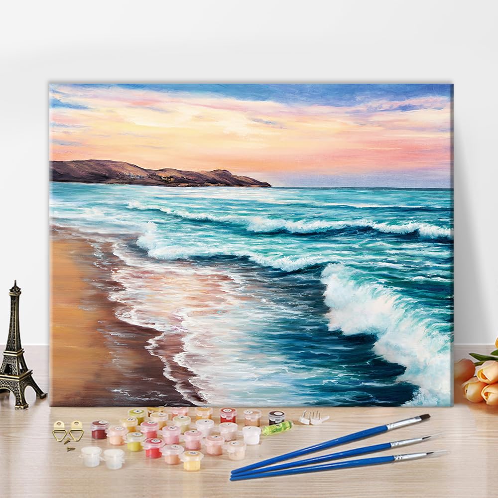 TUMOVO Painting by Numbers for Adults, Beach Paint by Numbers Kits, Colorful Seaside Landscape Oil Painting for Adults, DIY Canvas Painting Kit with Brushes and Pigment, 16x20 Inch TUMOVO