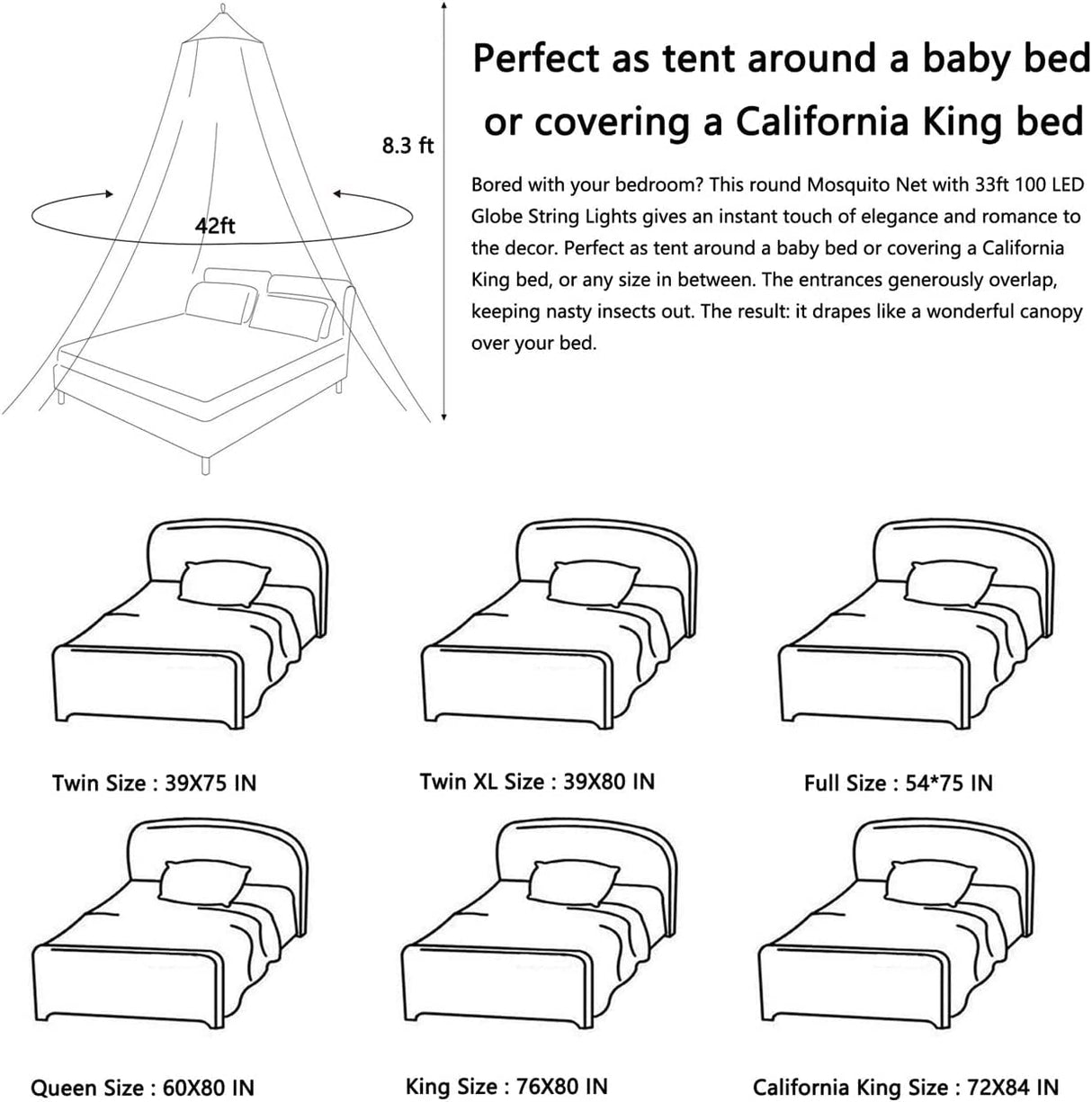 Mosquito Net Bed Canopy for Girls,King Canopy Bed Curtains Full Queen Size from Ceiling,Dome Mosquito Netting Bed Tent Twin Girls Princess Canopy Bed White Decor for Baby Crib,Kid Bed and Adult Beds Comtelek