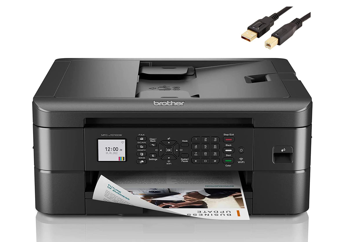 Brother MFC-J10 Series 3-in-1 Printer, Wireless Color Inkjet Printer, Printer, Copy, Scan, Fax - 9.5 ppm, 150 Sheets, 1.8" Color LCD, with Mobile Device and Duplex Printing, with MTC Printer Cable Brother