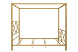 DHP Rosedale Metal Canopy Bed Frame with Four Poster Design and Geometric Accented Headboard and Footboard, Underbed Storage Space, Queen, Gold DHP