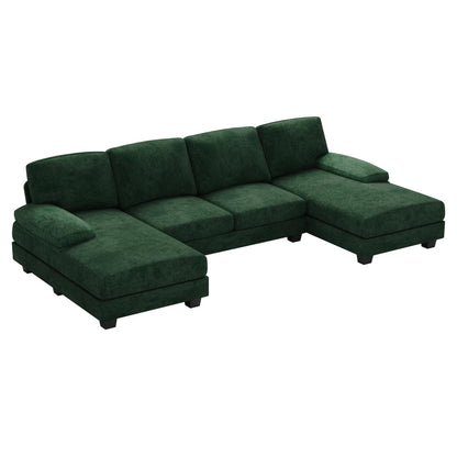 Furniwell Convertible Sectional Sofa Couch, 4 Seat Sofa Set for Living Room U-Shaped Modern Fabric Modular Sofa Sleeper with Double Chaise & Memory Foam (Fabric, Dark Green)